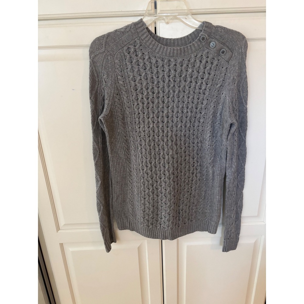 Tory Burch Gray Wool Cashmere Blend Cable Knit Button Shoulder Sweater XS